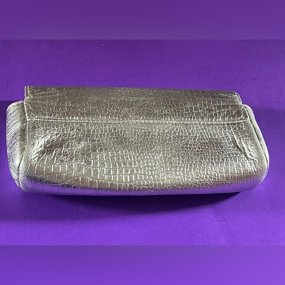 Lauren Merkin Metallic Silver Croc Embossed Leather Clutch Bag